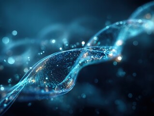 A stunning microscopic view of double helix ribbon woven from shimmering light points in blue and gold hues, set against a deep blue-black background, evoking dreamy technology and biological mystery