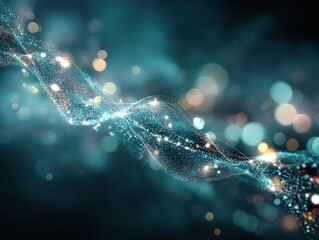 A dynamic composition of flowing light points forming a wave-like trajectory in blue and gold tones against a dark background, combining cool and warm contrasts for a tech-forward