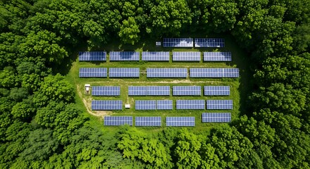 Aerial view of solar panel farm nestled within lush green forest capturing sustainable energy and highlighting the harmony between technology and nature for a cleaner future