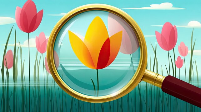 A magnifying glass focuses on a single yellow tulip, while a field of pink tulips and green grass stretches into the background under a clear blue sky with whit