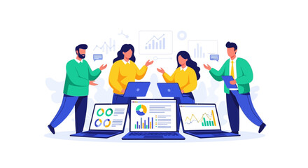 A collaborative business team analyzing complex data charts and graphs on laptops for strategic planning and market research