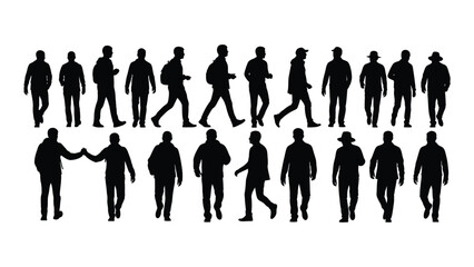 Diverse male silhouettes walking and interacting isolated on white background, Vector