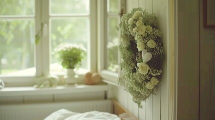 Charming bedroom featuring pastel decor and heart shaped floral wreath for a romantic vintage vibe