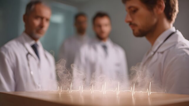Medical professionals observe a glowing heartbeat waveform emerging from swirling mist symbolizing innovation and health research