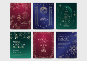 Naklejka premium Christmas Poster Flyer Set in Classic Festive Invitation Style & Luxury Red Green Blue Gold Hues with Elegant Ornaments, Elements & Decorations