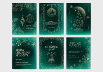 Obraz premium Christmas Poster Flyer Set in Classic Festive Invitation Style & Luxury Green Gold Hues with Elegant Ornaments, Elements & Decorations
