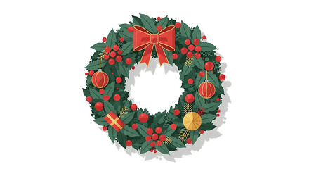 Festive Christmas wreath with red bow and ornaments on white background