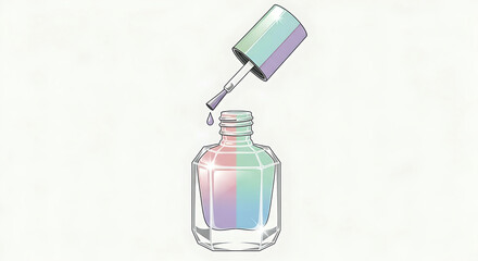 Iridescent nail polish bottle with open cap and pastel colors