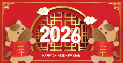 Chinese new year 2026 year of the horse banner in paper cut style.