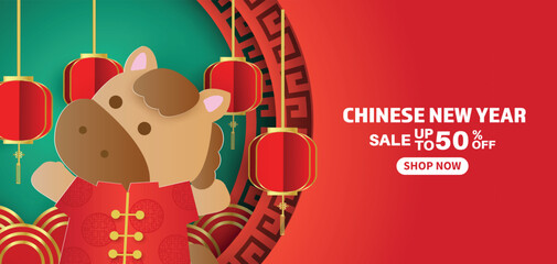 Chinese new year 2026 year of the horse banner in paper cut style.