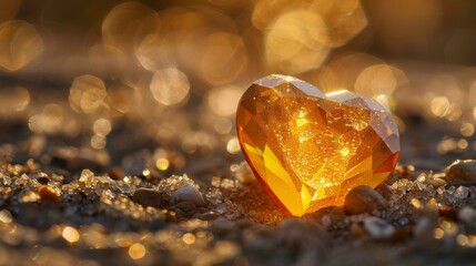 Elegant heart shaped gemstone reflecting golden light on soft bokeh background in macro photography