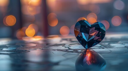 Heart shaped gemstone reflecting golden light against a clean background with soft bokeh effects