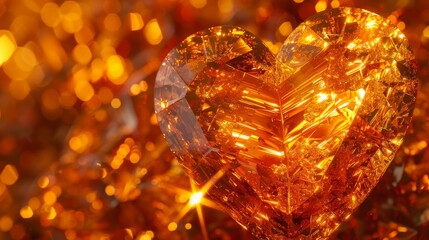 Heart shaped gem reflecting golden light on a subtle bokeh background in macro photography