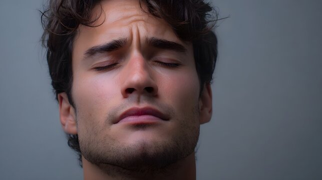 Close up portrait of a man with closed eyes and furrowed brow expressing deep thought or emotional turmoil - Powered by Adobe