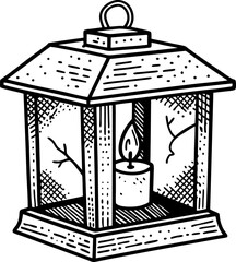 Obraz premium Lantern with burning candle inside vintage hand drawn sketch of decorative light