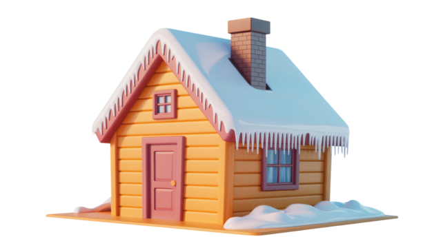 Charming cartoon gingerbread house with snow and icicles on the roof isolated on transparent background