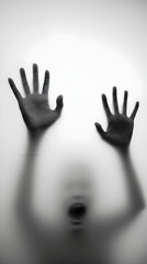 Blurred figure with outstretched hands and open mouth behind frosted glass in black and white