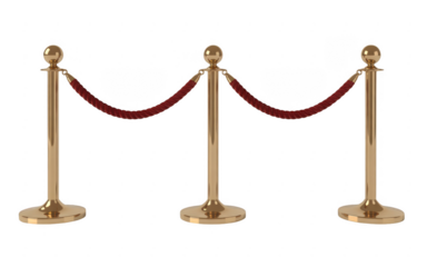 Three gold stanchions with red ropes isolated on a transparent background