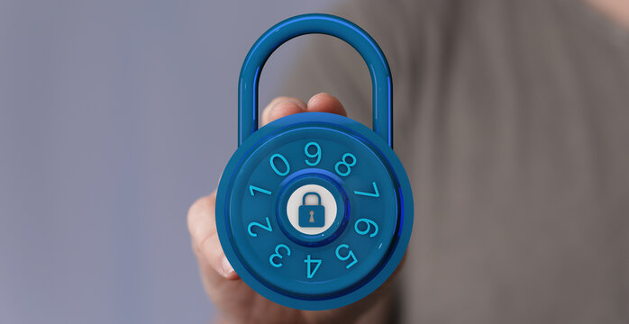 A close-up of a hand holding a blue combination lock, symbolizing security, privacy, and protection concepts in