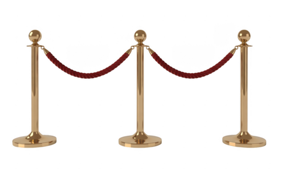 Three gold stanchions with red ropes isolated on a transparent background