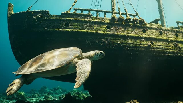 Close-up of a sea turtle head underwater, showing eye and skin.