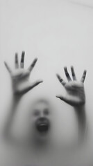 A blurry figure with outstretched hands and open mouth behind a frosted glass surface in monochrome