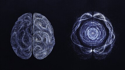 Abstract representation of brain structures with neural patterns and spiral formations
