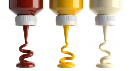 Three squeeze bottles dispensing ketchup mustard and mayonnaise isolated on a transparent background