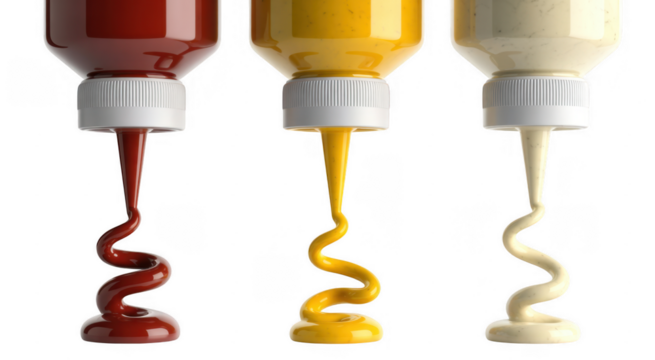 Three squeeze bottles dispensing ketchup mustard and mayonnaise isolated on a transparent background