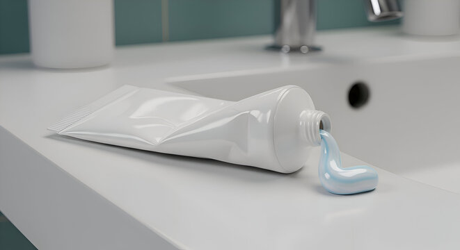 A white toothpaste tube with light blue toothpaste extruding onto a white bathroom countertop. Empty toothpaste tube and squeezed toothpaste on a clean bathroom sink.