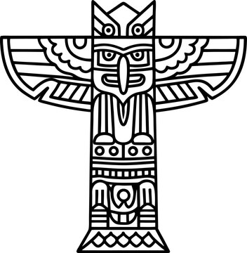 Stylized tribal totem pole outline ornamental ethnic bird totem icon, linear graphic illustration