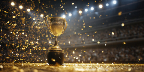 Trophy for championship victory in golden arena celebration with confetti on the court.