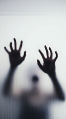 Shadowy figure with hands pressed against frosted glass creating a spooky and mysterious atmosphere