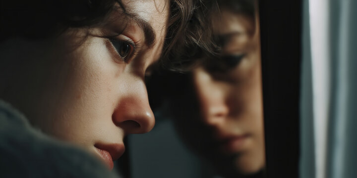 Young sad person reflecting on their reflection in a mirror. Stressed young person looking in mirror.