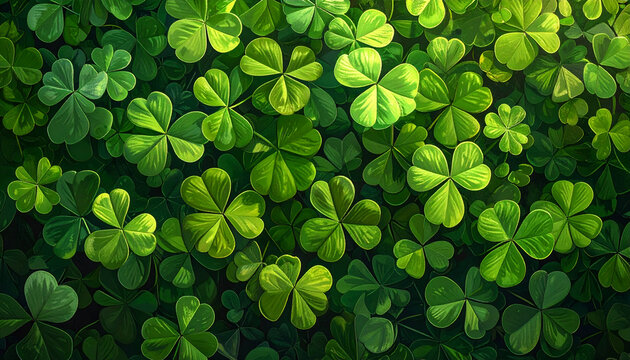 Close-up top view of a vibrant green clover field (shamrocks), creating a natural and lush background texture. Concept of luck, nature, St. Patrick's Day, and freshness.