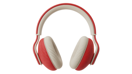 Stylish modern over ear headphones with red and white accents isolated on transparent background for audio and music concepts