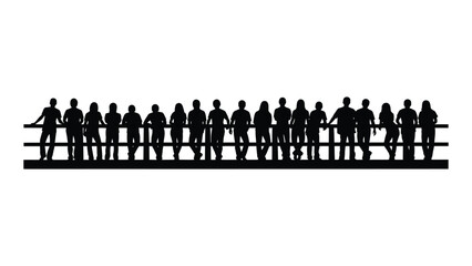 Naklejka premium Diverse group of people silhouettes leaning on a railing isolated on white background, Vector