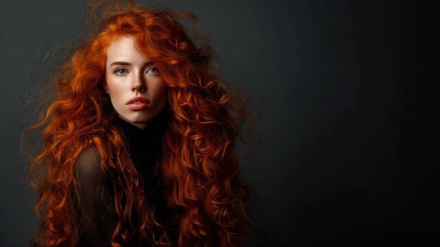 Beautiful model girl with long red curly hair .Red head