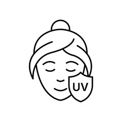 UV protection line icon. Continuous line with share plane. Skin care sign. Healthy face symbol. Five star rate review in speech bubble. UV protection single line ribbon. Loop curve pattern. Vector