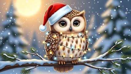 Adorable owl wearing a festive Santa hat and Christmas lights perched on a snowy branch brings holiday cheer to your seasonal projects