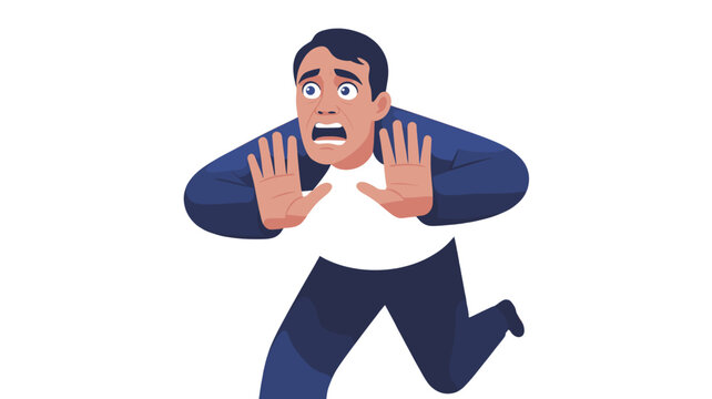 A man in blue outfit panicking and fleeing in fear.