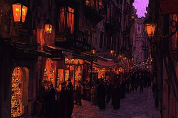 Night street in the old town Digital painting