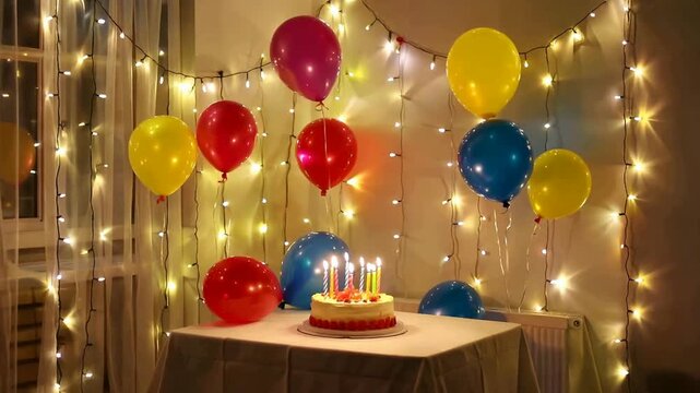 Birthday Celebration Setup with Cake and Balloons.