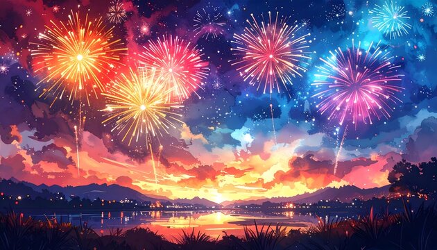Fireworks exploding over lake during festive sunset celebration