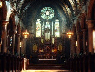 Church interior with wooden benches and stained glass windows. 3D rendering.