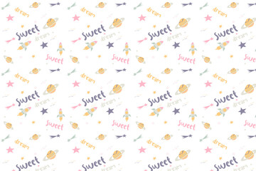 Whimsical seamless pattern with rockets, planets, stars, and 