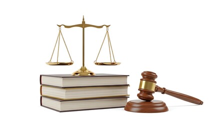 Scales of Justice Resting Atop Stack of Books Beside Gavel Symbolizing Law Legal System and Jurisprudence Against White Background Representing Courtroom Legal Representation and Fair Judgment