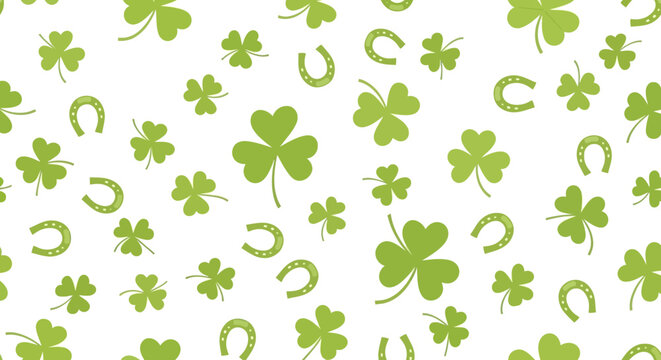 A seamless pattern of green shamrocks and horseshoes scattered on a white background, evoking a festive and lucky Irish theme.