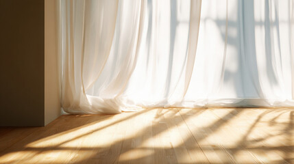Soft sunlight filters through sheer curtains, creating sober atmosphere filled with curious shadows and gentle movement across wooden floor