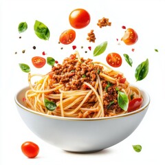Spaghetti bolognese with fresh basil and tomatoes on white background